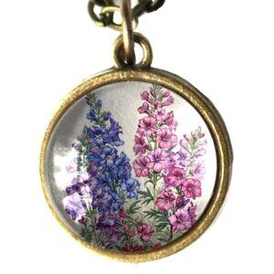 Larkspur Flowers Necklace - Bronze Spring Floral‎ Pendant - Vintage Jewelry